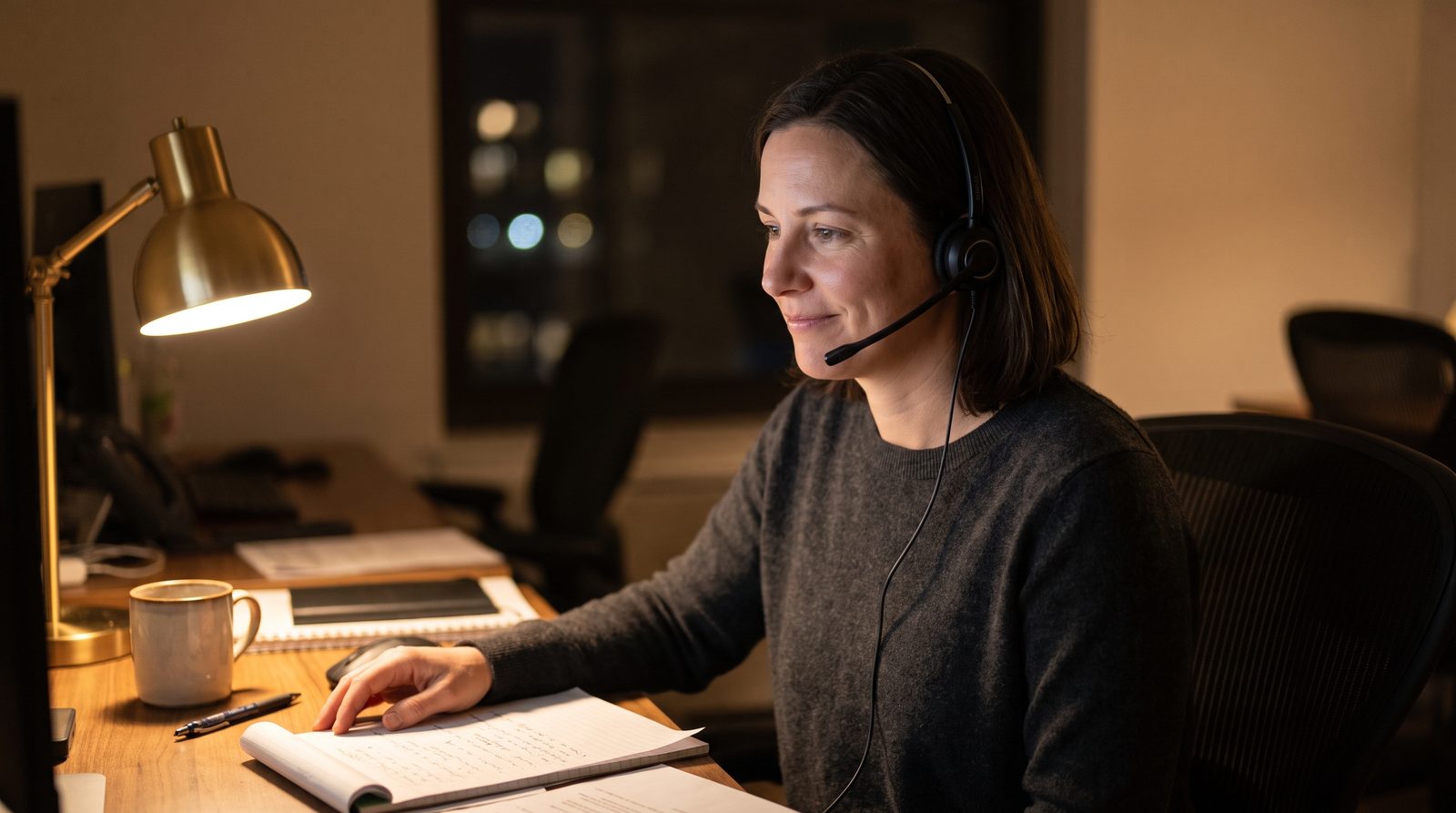 A MatchMD operator on a call in the evening, taking notes