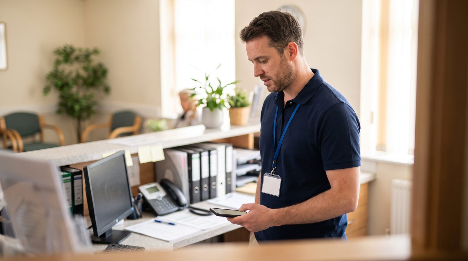 A practice coordinator at the reception desk, checking that a message was delivered